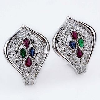 Cartier Diamond, Ruby, Emerald, Sapphire and 18 Karat White Gold Earrings.