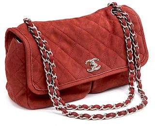 CHANEL RED QUILTED SUEDE FLAP BAG
