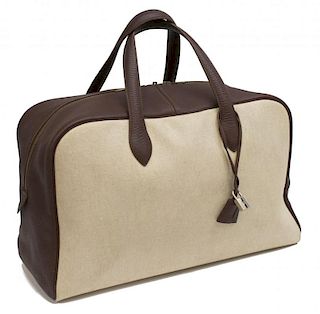 HERMES BROWN LEATHER & CANVAS VICTORIA TRAVEL BAG