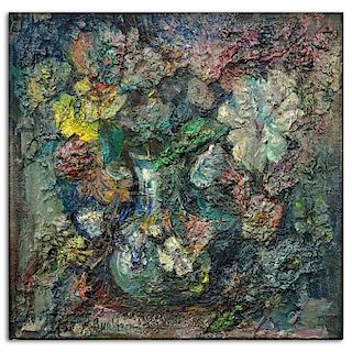 David Davidovich Burliuk, American/Ukrainian (1882-1967) Oil on Canvas, Abstract Still Life "Bouquet of Flowers".