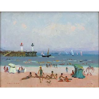 Pierre Boudet, French (1925-2010) Oil on board "Plage de ___, Deauville" Signed lower left, inscribed and dated '74 by the ar
