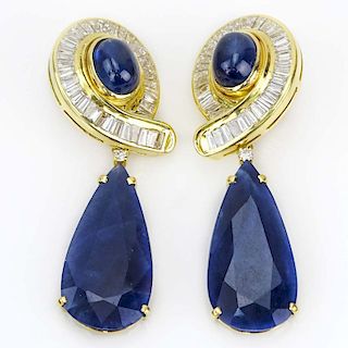 Vintage Large Pear Shape Sapphire, Cabochon Star Sapphire, Baguette Cut Diamond and 18 Karat Yellow Gold Detachable Pendant E