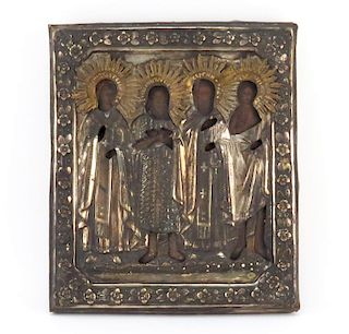 19th Century or Earlier Russian Hand Painted Icon With Silver Plate Overlay On Cradled Panel.