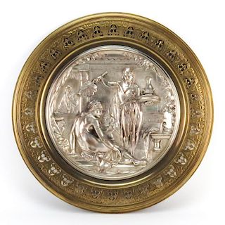 Large 19/20th Century French Gilt And Silvered Bronze Relief Plaque. "Bathsheba and David" in a circular pierced Gothic style