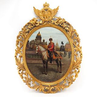Attributed to: Aleksander Makovskij, Russian (1869-1924) "Emperor Nicholas II" Oil on Panel Centered in Giltwood Frame with R