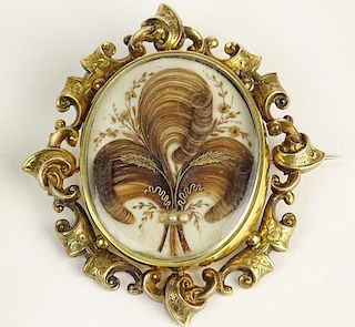 Large Victorian Gold Filled Mourning Brooch with Hair Art.