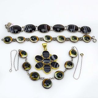 Vintage Cats Eye Operculum Shell and Silver Bracelet and Necklace Suite; Agate and Silver Bracelet and Agate and Gold Tone Me