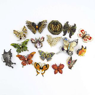 Collection of Fifteen (15) Fashion Butterfly Brooches and One (1) Compact variously with enamel and faux gem stones.