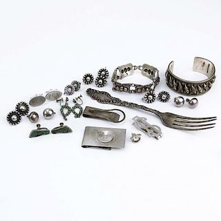 Collection of Sterling Silver Including: Three (3) Money Clips, One (1) Bracelet, Two (2) Pair of Earrings with Turquoise, On