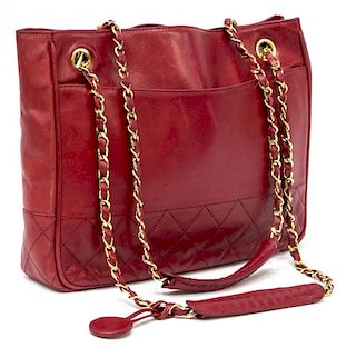 VINTAGE CHANEL RED PARCEL QUILTED LEATHER TOTE BAG