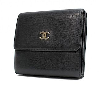 CHANEL BLACK LEATHER TRI FOLD SQUARE WALLET