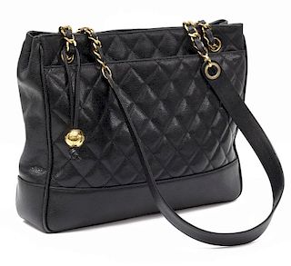 CHANEL QUILTED BLACK CAVIAR LEATHER TOTE BAG
