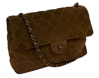 CHANEL 'JUMBO FLAP TOP' QUILTED BROWN SUEDE BAG