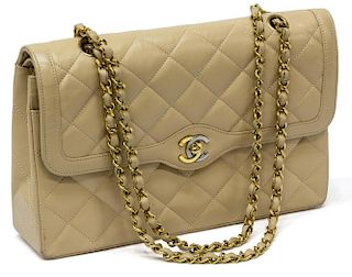 CHANEL BEIGE QUILTED LEATHER DOUPLE FLAP PURSE