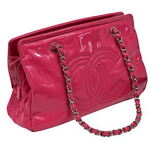 CHANEL QUILTED PINK PATENT LEATHER CC TOTE HANDBAG
