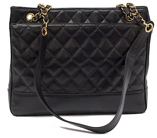 CHANEL QUILTED BLACK LAMBSKIN LEATHER TOTE BAG