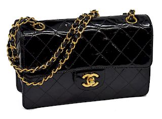 CHANEL BLACK QUILTED PATENT SMALL CLASSIC FLAP BAG