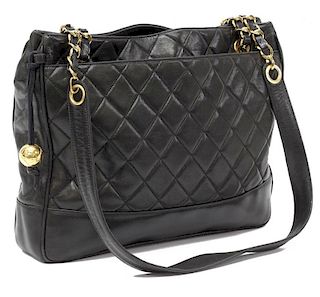 CHANEL QUILTED BLACK LAMBSKIN LEATHER TOTE BAG