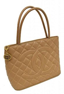 CHANEL 'MEDALLION' QUILTED TAN LEATHER TOTE BAG