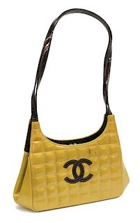 CHANEL GOLD SQUARE QUILTED PATENT LEATHER BAG