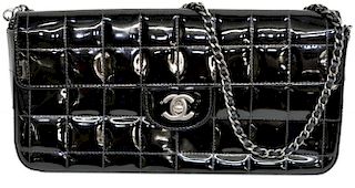 CHANEL QUILTED BLACK PATENT EAST WEST FLAP BAG
