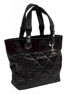 CHANEL BLACK QUILTED COATED CANVAS HANDBAG
