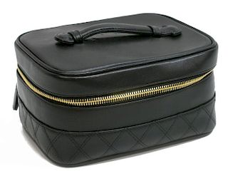 CHANEL QUILTED &SMOOTH BLACK LEATHER COSMETIC CASE