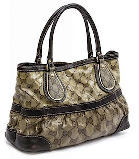 GUCCI BROWN COATED CANVAS MONOGRAM CRYSTAL TOTE