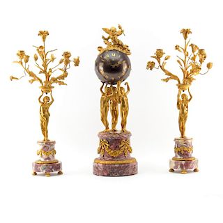 Antique French Gilt Bronze and Marble Three (3) Piece Figural Clock Garniture Set.