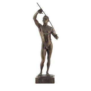 Oskar Bodin, German (1868-1940) "Model of a Fencer" Bronze Sculpture on Marble Base.