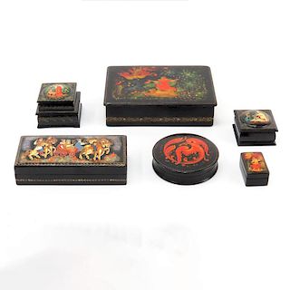 Collection of Six (6) Russian Black Lacquer Boxes.