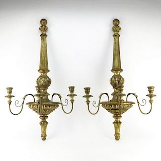 Pair of Italian Neoclassical Style Carved Giltwood 3 Arm Wall Sconces.