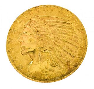 U.S. $5 DOLLAR INDIAN HEAD GOLD COIN, 1915