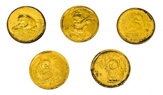 (5) CHINESE PANDA GOLD 1 GRAM COINS