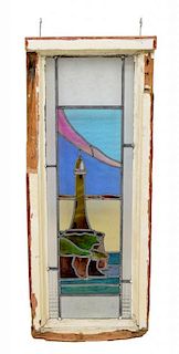 ANTIQUE STAINED GLASS WINDOW DEPICTS A LIGHTHOUSE