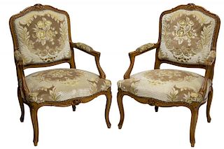 FRENCH LOUIS XV STYLE FLORAL CARVED ARM CHAIRS