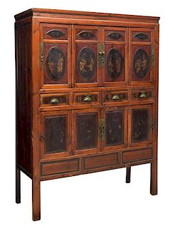 CHINESE RED LACQUER WOOD TWO-DOOR CABINET