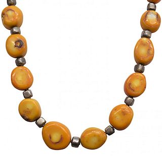 LIGHT ORANGE CORAL & SILVER BEADED NECKLACE