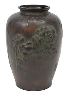ASIAN PATINATED BRONZE FOO LION RELIEF VASE