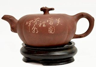 CHINESE YIXING WARE MELON BRANCH FORM TEAPOT