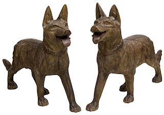(2) LARGE HAND CARVED WOOD WALKING GUARD DOGS