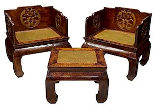 (3) CHINESE RED LACQUER ALTAR THRONE CHAIR & TABLE