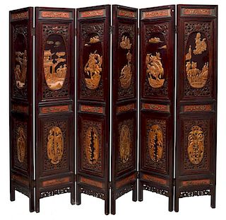CHINESE SIX-PANEL CARVED WOOD FOLDING SCREEN