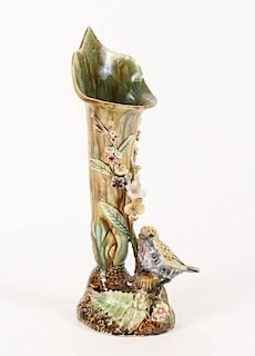 French Majolica Barbotine Vase w/Bird & Flowers