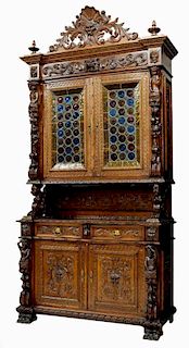 HIGHLY CARVED STAINED GLASS DOOR BOOKCASE