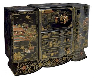 CHINESE PARCEL GILT BLACK LACQUER BAR CABINET