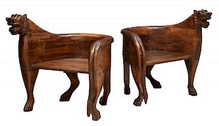 (2) FIGURAL CARVED FULL BODY TEAK LEOPARD CHAIRS