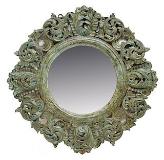 LARGE HEAVILY CARVED FOLIATED PAINTED WALL MIRROR