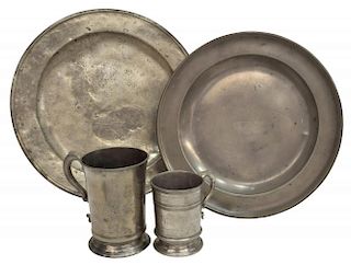 (4) ENGLISH PEWTER TANKARDS & CHARGERS, 19TH C.