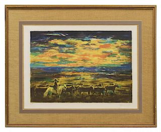 FRAMED SIGNED PRINT OF WEST TEXAS COWBOY AT SUNSET
